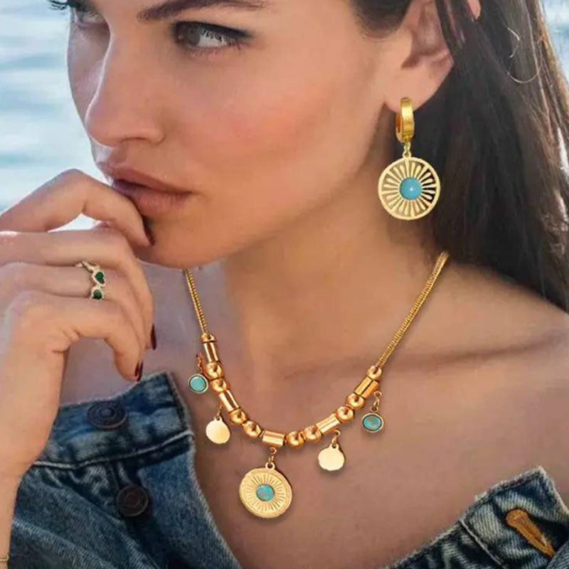 Vintage Turquoise Pendant Necklace & Bracelet & Earrings