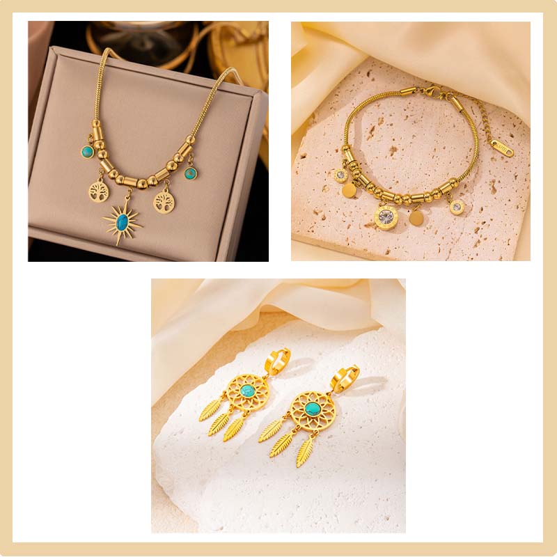 Vintage Turquoise Pendant Necklace & Bracelet & Earrings