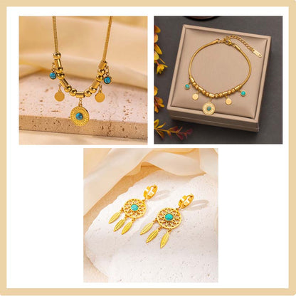 Vintage Turquoise Pendant Necklace & Bracelet & Earrings