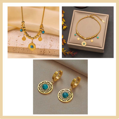 Vintage Turquoise Pendant Necklace & Bracelet & Earrings