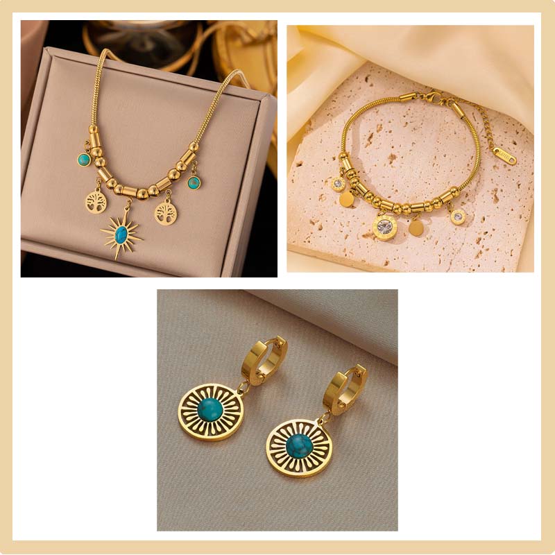 Vintage Turquoise Pendant Necklace & Bracelet & Earrings