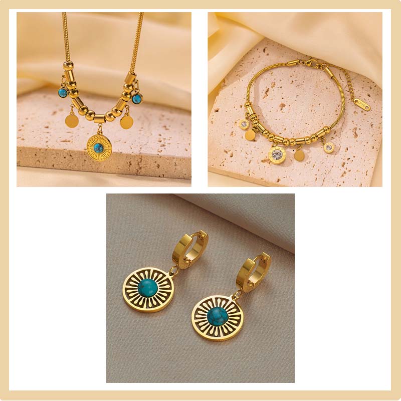 Vintage Turquoise Pendant Necklace & Bracelet & Earrings