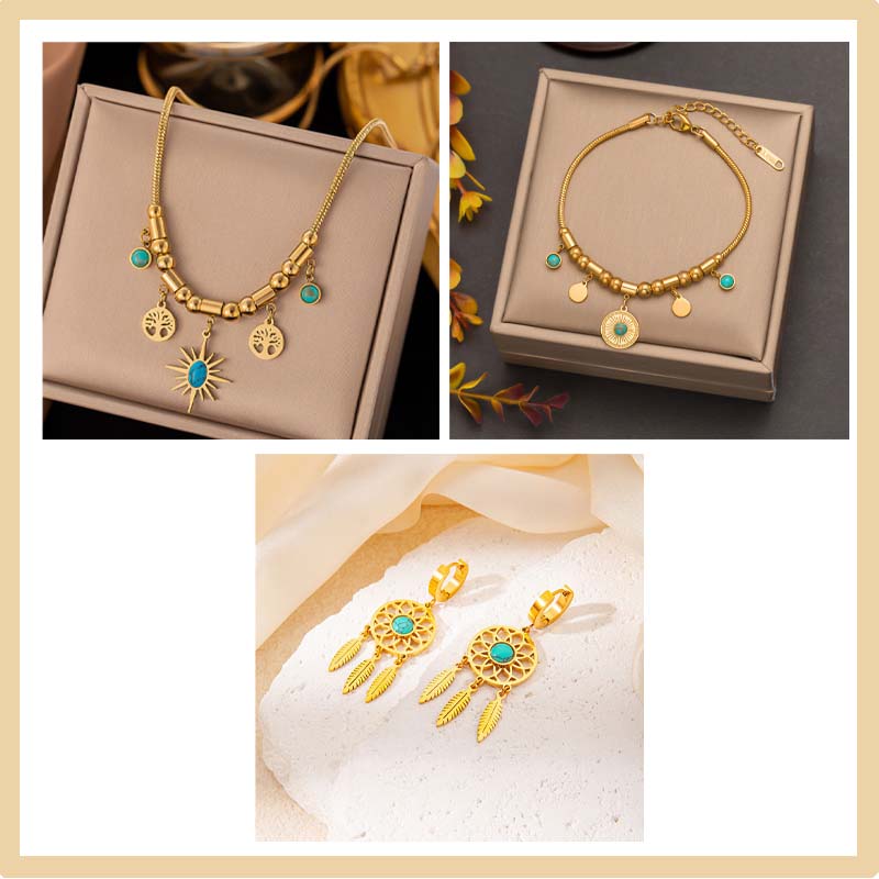 Vintage Turquoise Pendant Necklace & Bracelet & Earrings