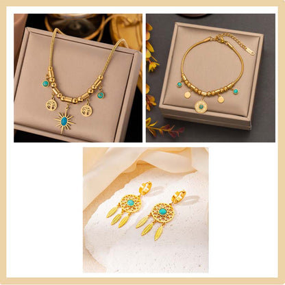 Vintage Turquoise Pendant Necklace & Bracelet & Earrings