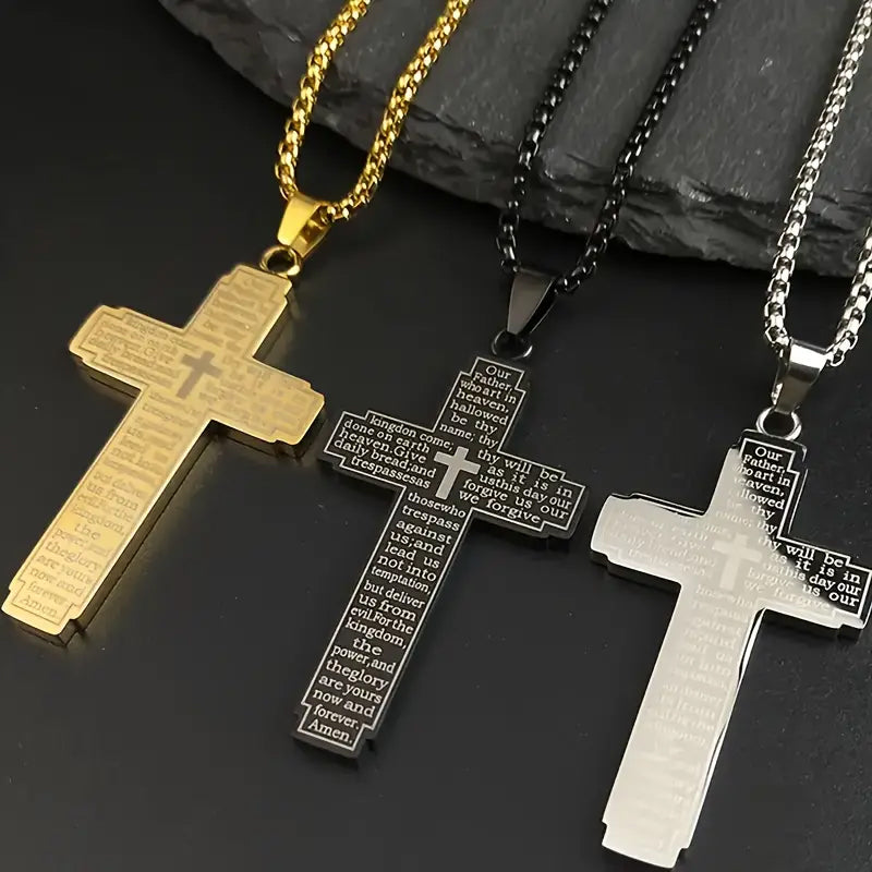 Cross Pendant Necklace with Bible Verse (Titanium)