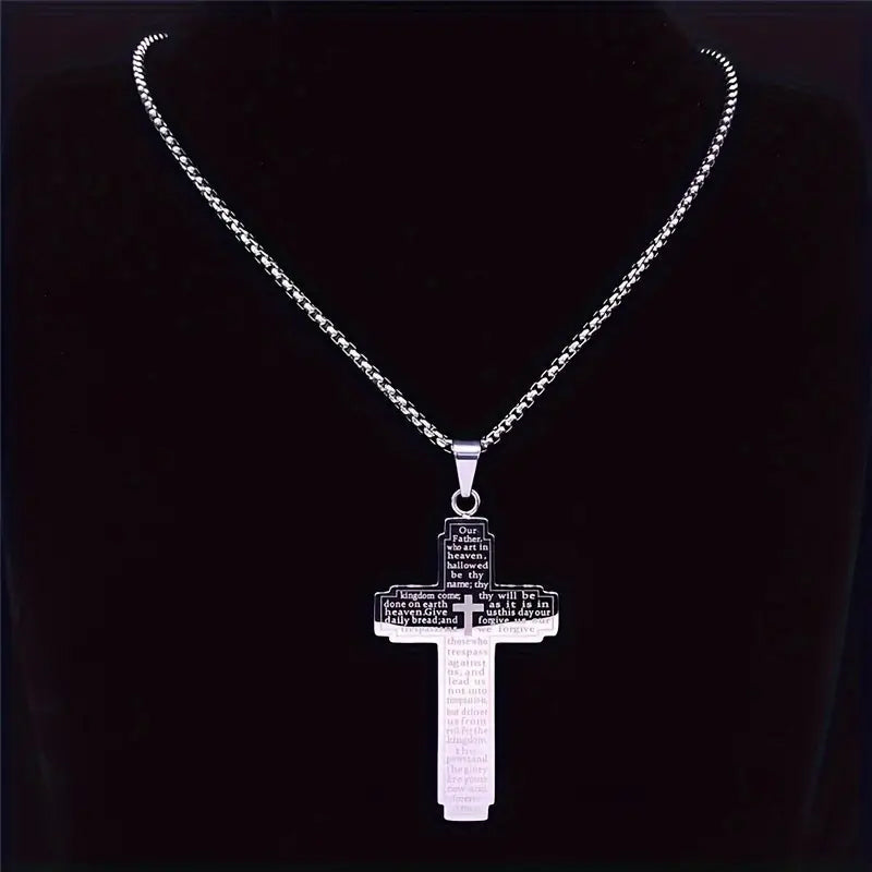 Cross Pendant Necklace with Bible Verse (Titanium)