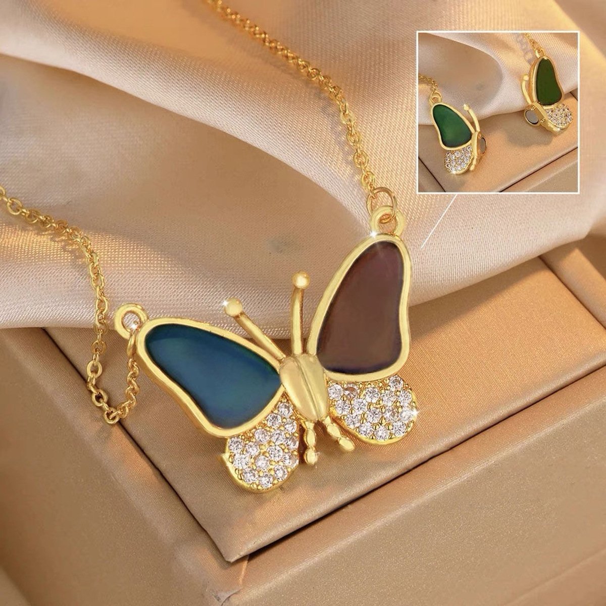 Golden thermochromic magnetic butterfly necklace