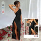Satin one-shoulder draped slit maxi dress