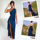Satin one-shoulder draped slit maxi dress