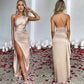 Satin one-shoulder draped slit maxi dress