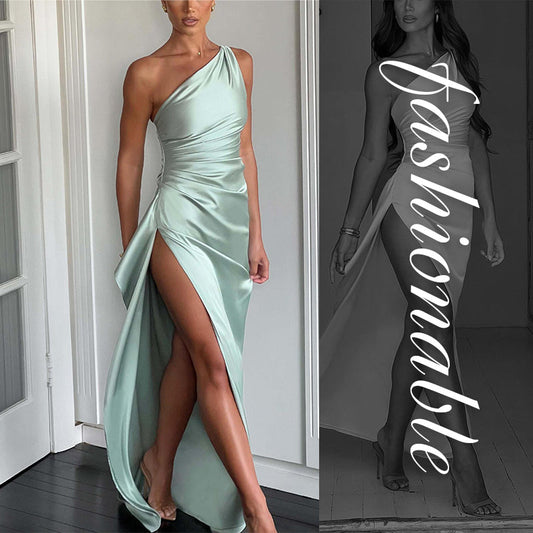 Satin one-shoulder draped slit maxi dress