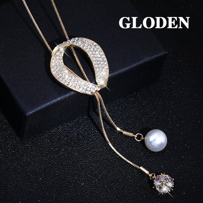 Long Faux Pearl Pendant Sweater Chain Necklace