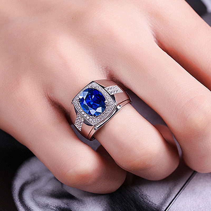 Men's Silver Tone Blue Cubic Zirconia Rhinestones Ring