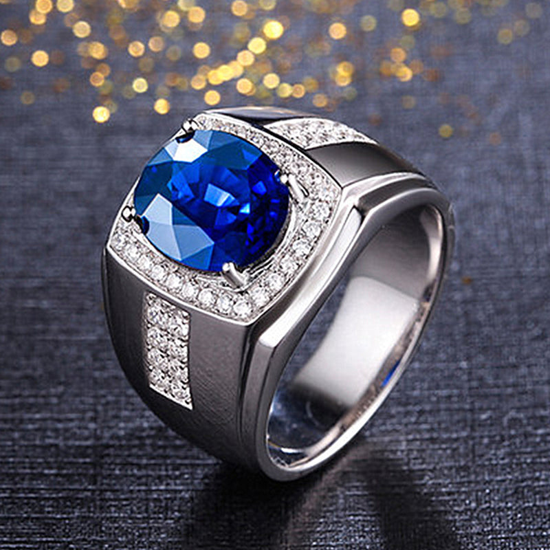 Men's Silver Tone Blue Cubic Zirconia Rhinestones Ring
