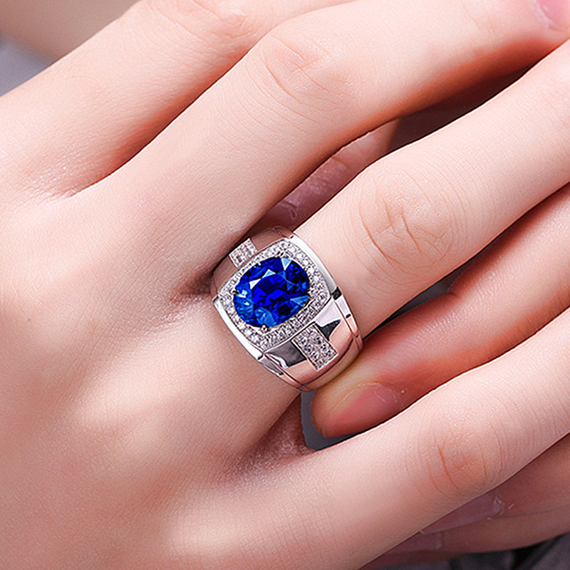 Men's Silver Tone Blue Cubic Zirconia Rhinestones Ring