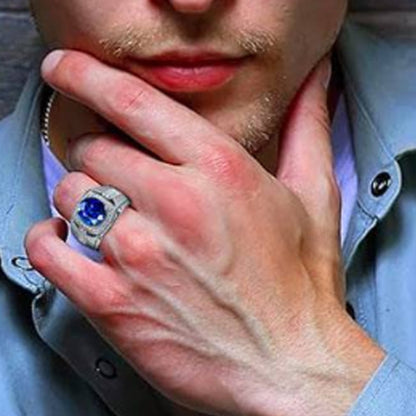 Men's Silver Tone Blue Cubic Zirconia Rhinestones Ring
