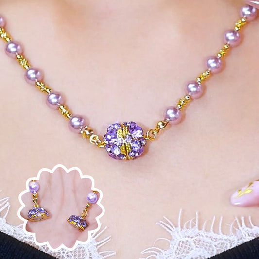 Sparkling Magnetic Rhinestone Balls Elegant Purple Pearl Necklace