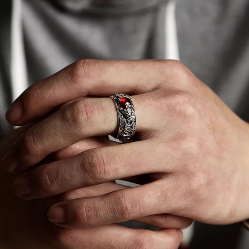 Wealth in Hand! Lucky Pixiu Open Ring with Gem Embellishment