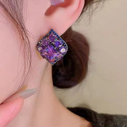 Luxury Purple Crystal Square Stud Earrings