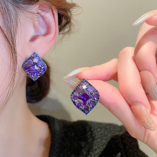 Luxury Purple Crystal Square Stud Earrings