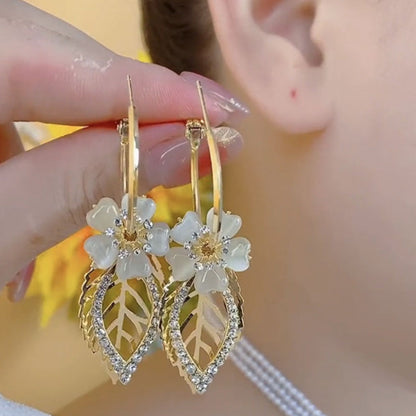 Elegant Floral Leaf Rhinestone Embellished Earrings