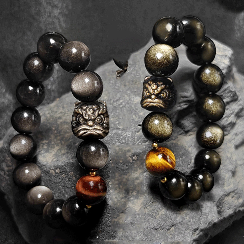 Waking Lion - Gold/Silver Obsidian Carved Beaded Bracelet for Good Fortune
