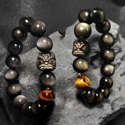 Waking Lion - Gold/Silver Obsidian Carved Beaded Bracelet for Good Fortune