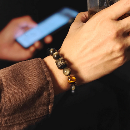 Waking Lion - Gold/Silver Obsidian Carved Beaded Bracelet for Good Fortune