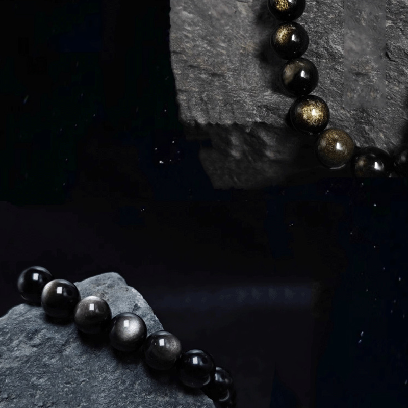 Waking Lion - Gold/Silver Obsidian Carved Beaded Bracelet for Good Fortune