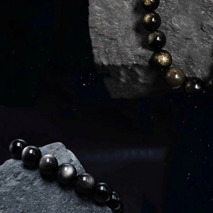 Waking Lion - Gold/Silver Obsidian Carved Beaded Bracelet for Good Fortune