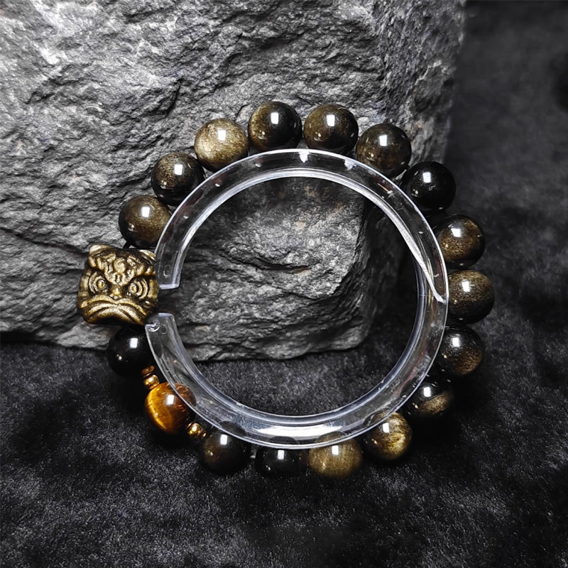 Waking Lion - Gold/Silver Obsidian Carved Beaded Bracelet for Good Fortune