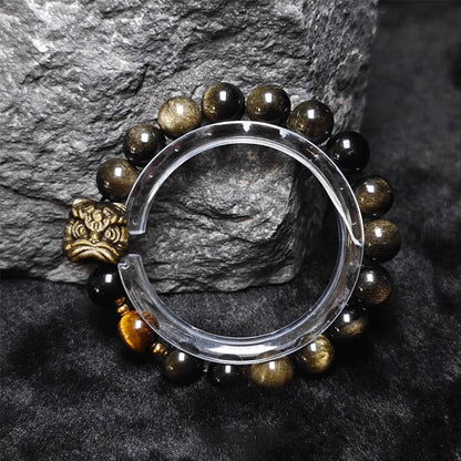 Waking Lion - Gold/Silver Obsidian Carved Beaded Bracelet for Good Fortune
