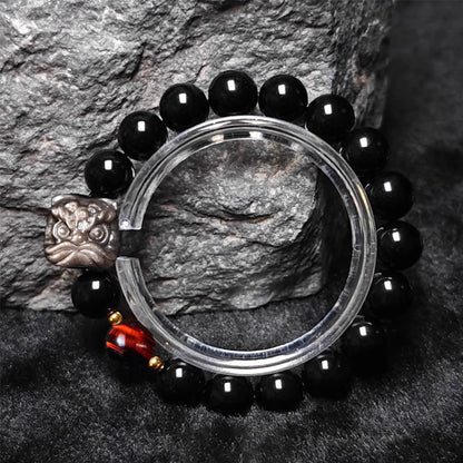 Waking Lion - Gold/Silver Obsidian Carved Beaded Bracelet for Good Fortune
