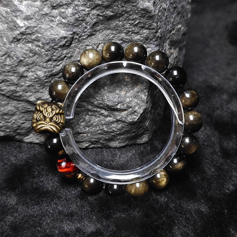 Waking Lion - Gold/Silver Obsidian Carved Beaded Bracelet for Good Fortune