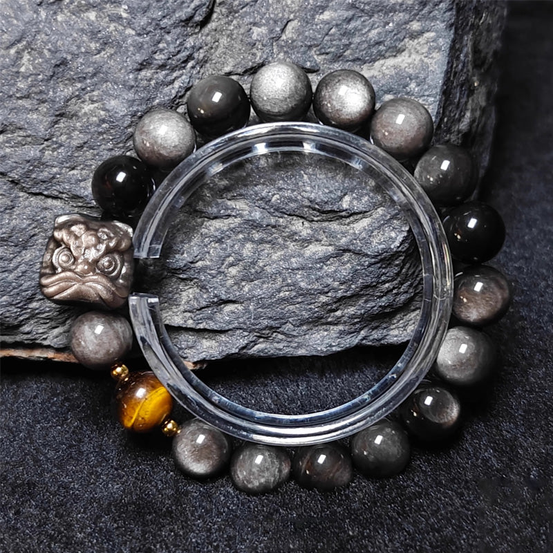 Waking Lion - Gold/Silver Obsidian Carved Beaded Bracelet for Good Fortune