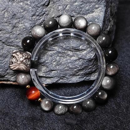 Waking Lion - Gold/Silver Obsidian Carved Beaded Bracelet for Good Fortune