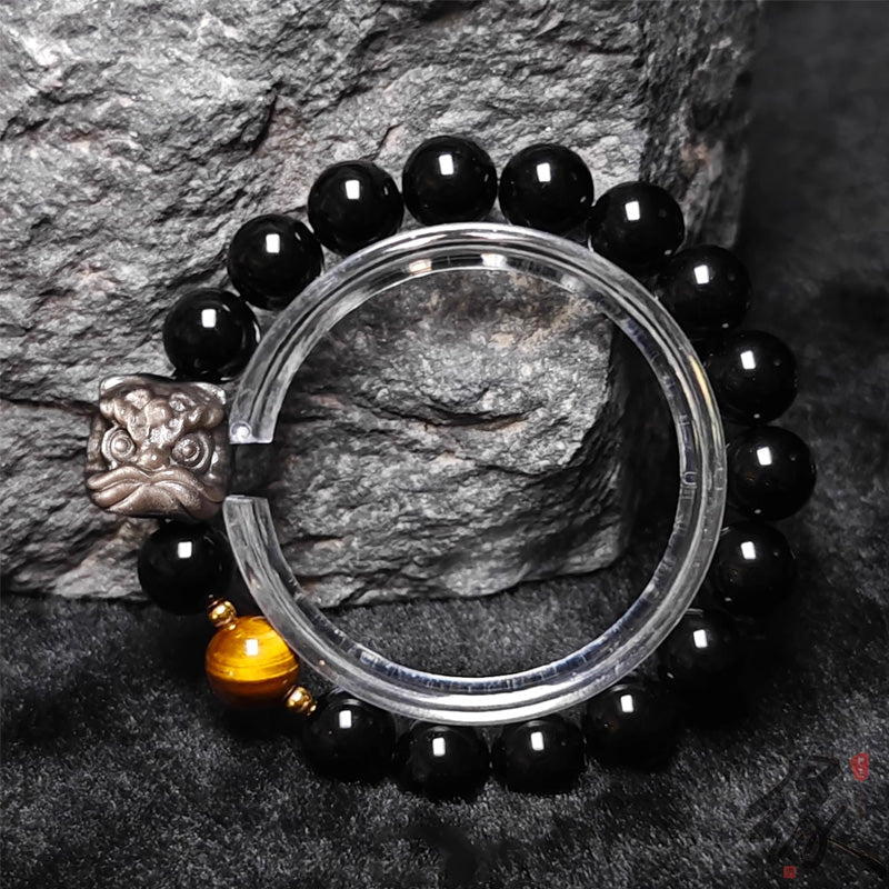 Waking Lion - Gold/Silver Obsidian Carved Beaded Bracelet for Good Fortune