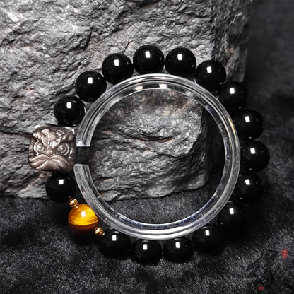 Waking Lion - Gold/Silver Obsidian Carved Beaded Bracelet for Good Fortune