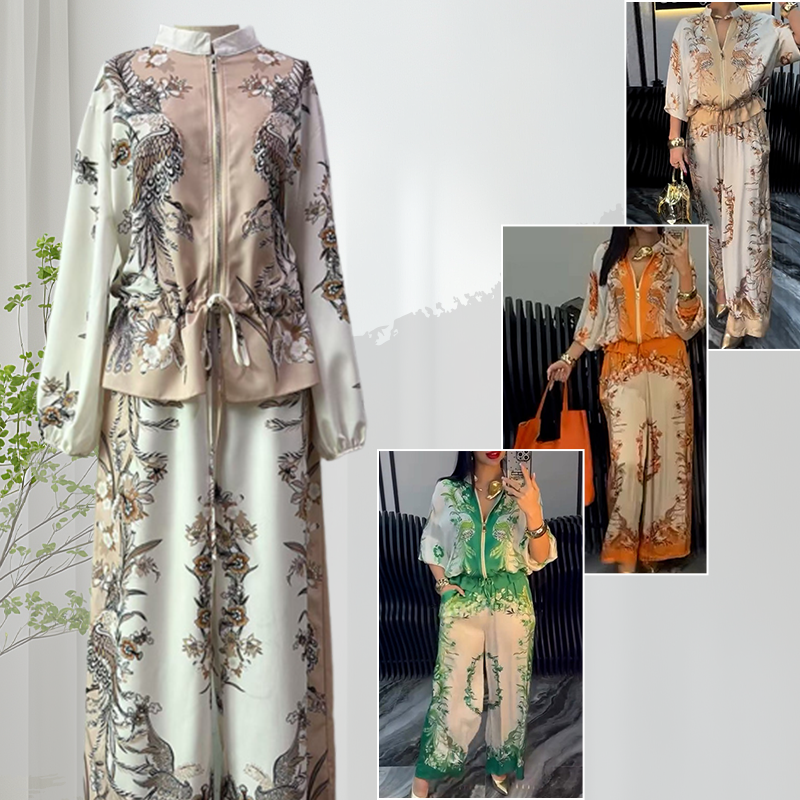 Printed Zipper Top & Wide-Leg Pants 2-Piece Set