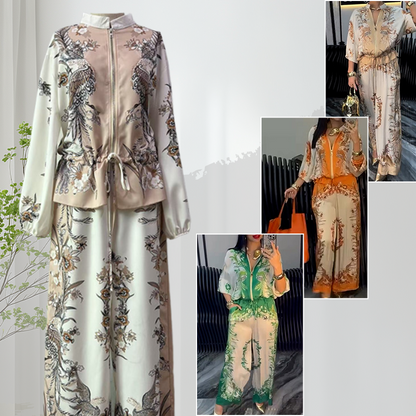 Printed Zipper Top & Wide-Leg Pants 2-Piece Set