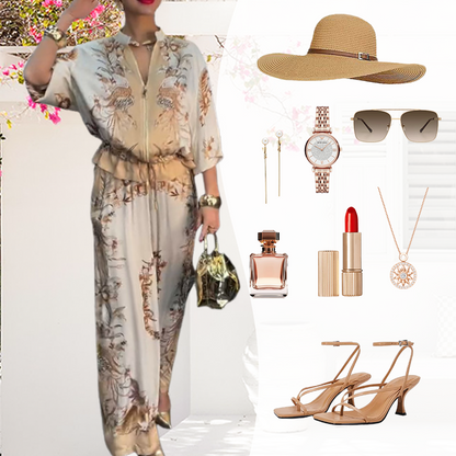 Printed Zipper Top & Wide-Leg Pants 2-Piece Set