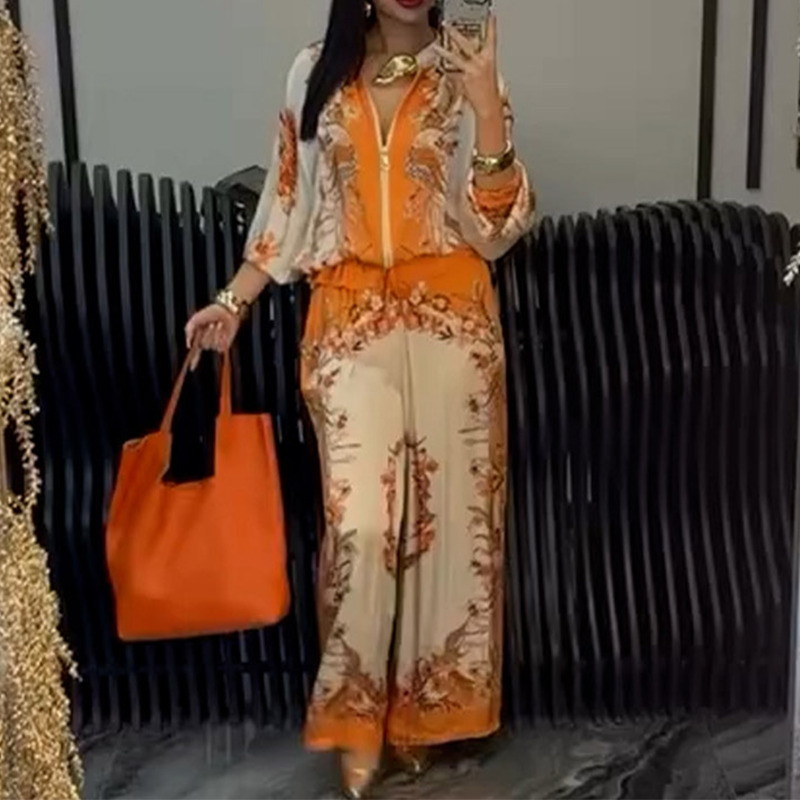 Printed Zipper Top & Wide-Leg Pants 2-Piece Set