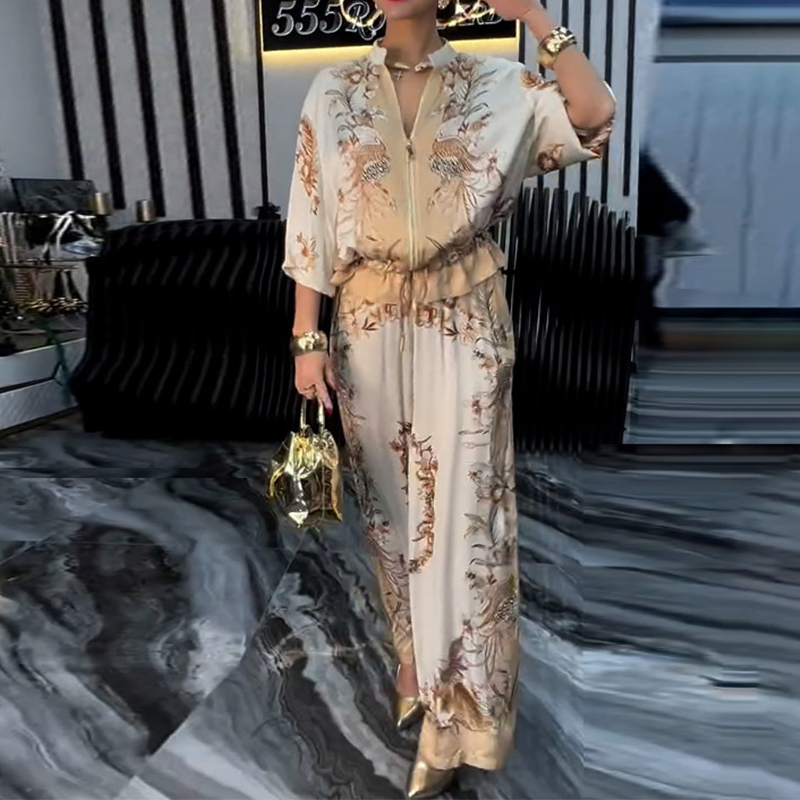 Printed Zipper Top & Wide-Leg Pants 2-Piece Set