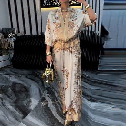 Printed Zipper Top & Wide-Leg Pants 2-Piece Set
