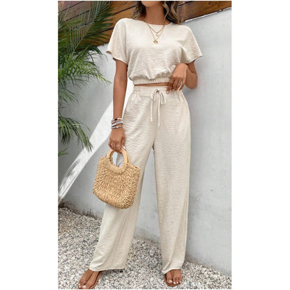 Short Sleeve Top Loose Straight Leg Pants Two Piece Set For Women