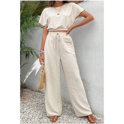 Short Sleeve Top Loose Straight Leg Pants Two Piece Set For Women