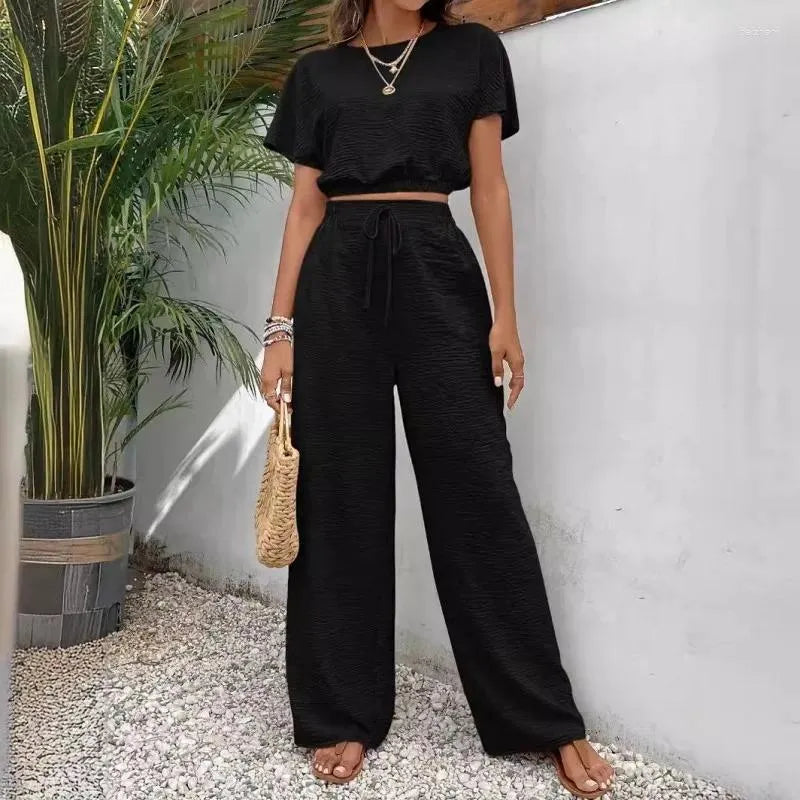 Short Sleeve Top Loose Straight Leg Pants Two Piece Set For Women