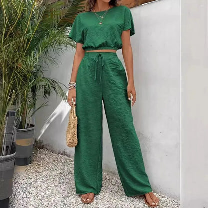 Short Sleeve Top Loose Straight Leg Pants Two Piece Set For Women