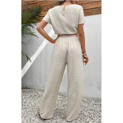 Short Sleeve Top Loose Straight Leg Pants Two Piece Set For Women