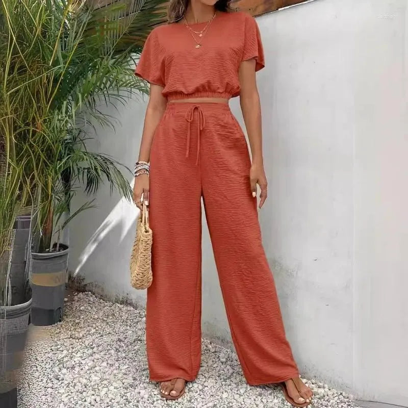 Short Sleeve Top Loose Straight Leg Pants Two Piece Set For Women